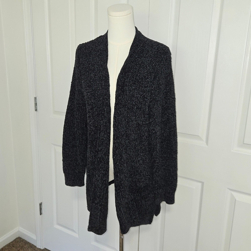Seven7 Cardigan Women XXL Black Chenille Open Front Longline Pocket Sweater
